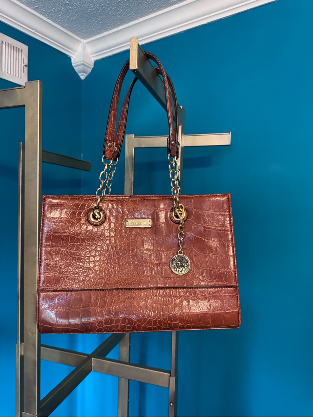 Anne Klein Croc-Embossed Brown Tote with Gold Accents
